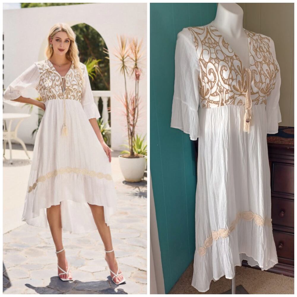 White Boho V-Neck High Low Cotton Summer Dress Embroidered Detail V-Neck M